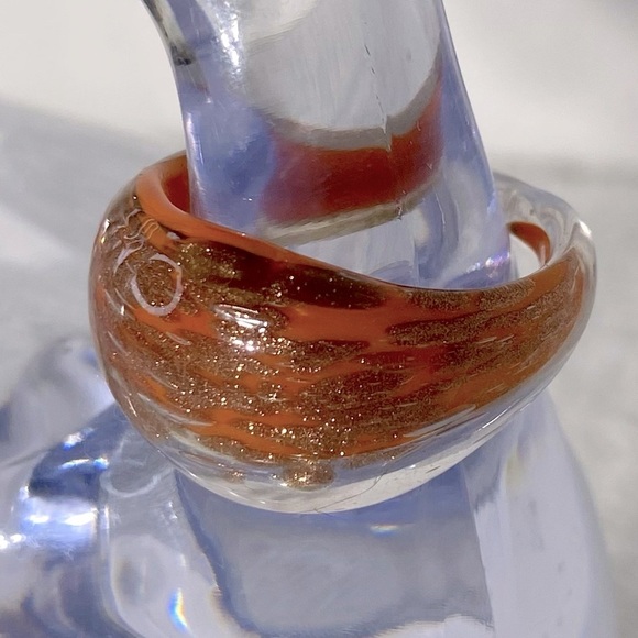 Vintage Art Glass Handmade Orange & Bronze Glitter Band Ring - Picture 2 of 11